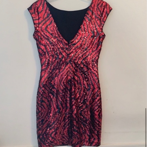 Guess Red/Black Zebra Sequin Cap Sleeve Mini Dress NWT Sz 2 - Picture 7 of 11